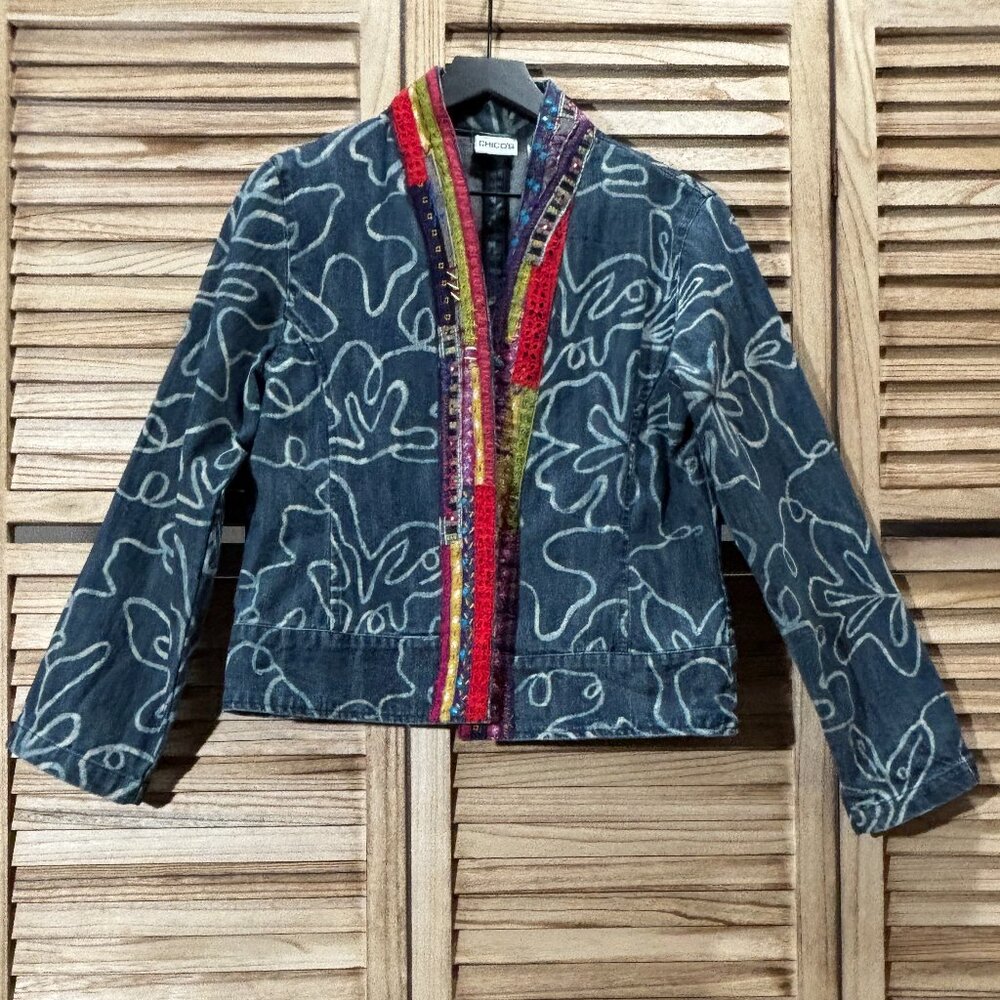 Chico’s Artisan Tapestry Trim Denim Jacket Etched Floral Blue Size L